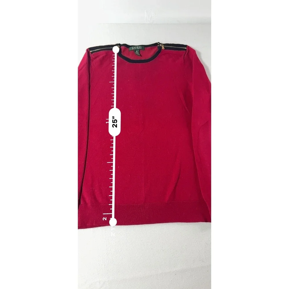 Lauren Ralph Lauren Womens Red Cotton Blend Sweater Size M Zipper Shoulder Top